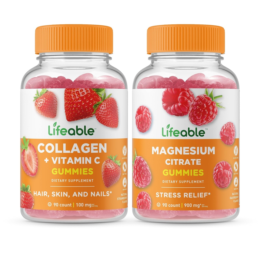 Životaschopné kolagény a vitamín C + horčík, Gumičky Bundle - veľké ochutnávky, vitamínové doplnky, bez lepidla, bez GMO, žuvacia guma