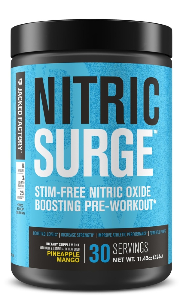 Jacked Factory Nitric Surge Stim Free Pre Cvičenie prášok - Kofeín bez oxidu dusnatého Supplement w/Con-Cret Creatin, L Citrulín, & GlycerVeľkosť Glycerol - Ananás Mango, 30 Servings