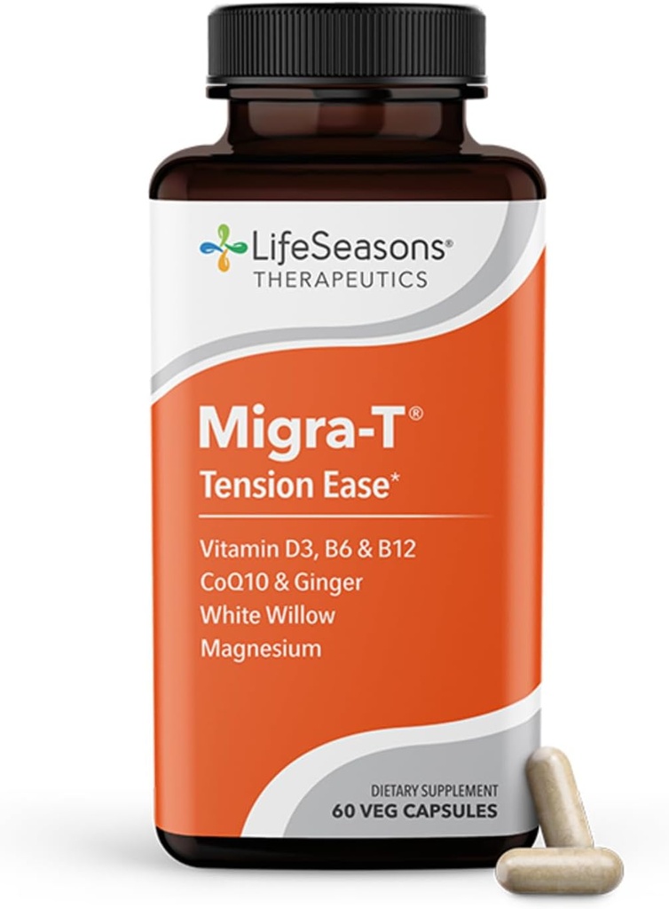 LifeSezóny Migra-T s relieve-R - Migréna prevencia a úľava doplnok - Podpora pre ťažké bolesti hlavy - Znižuje svetlo zvuk a citlivosť zápachu - Feverfew, biela vŕba, Magnézium Ginger & CoQ10