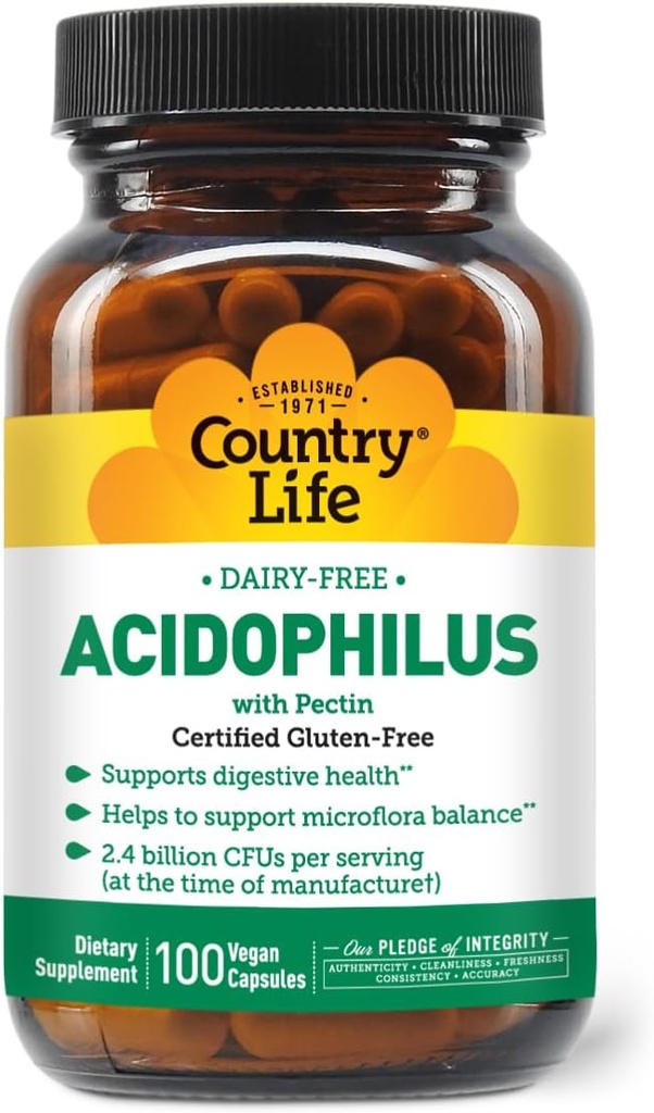 Country Life Acidophilus Probiotic Supplement for Women & Men - Free from Common Allerens - 2,4 miliardy CFUs to Support Digestive Health - Dairy-free, Non-GMO, 100 Vegan Capsules