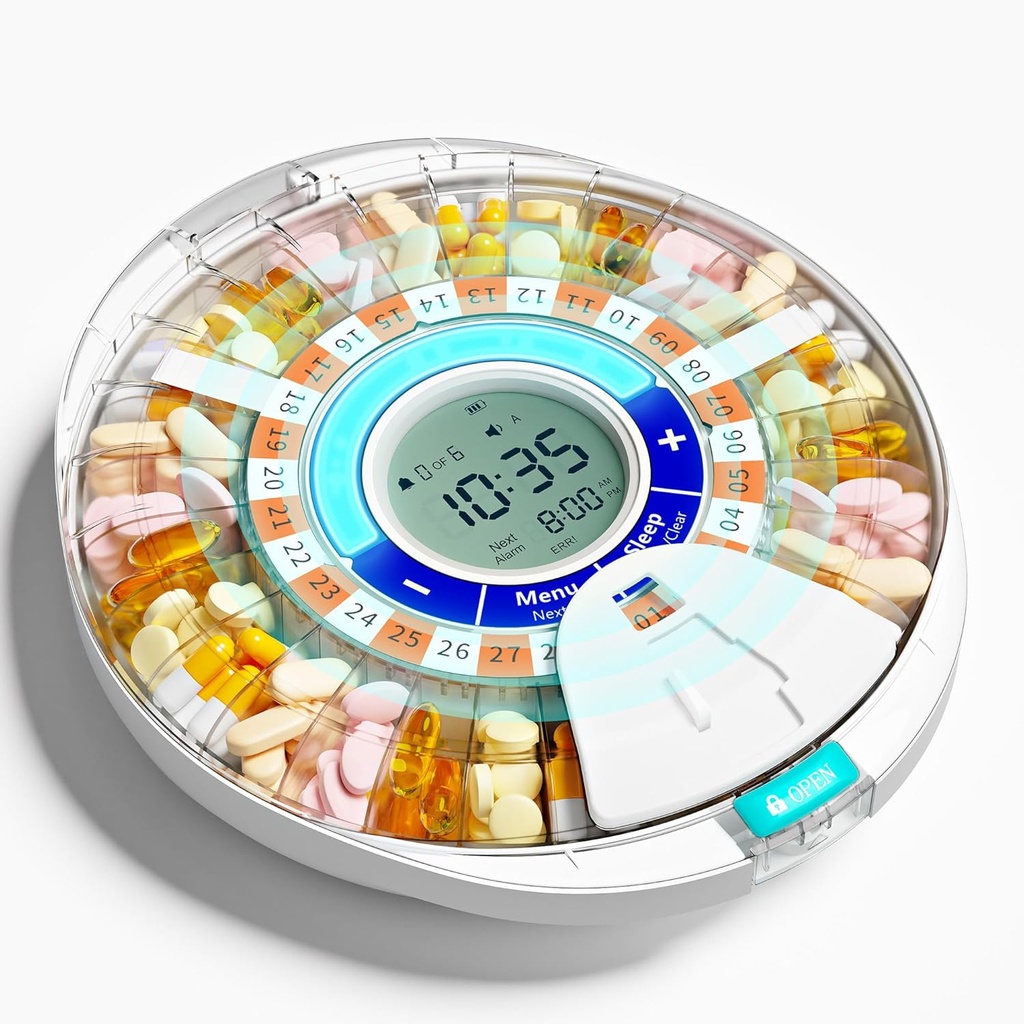 Aktualizovaný automatický dávkovač piluliek pre starších ľudí s alarmom: Smart Pill Dispenser Machine s 28-Slot, Mix-Proof Tech & XL LCD, Zvýšená životnosť pre každodenné riadenie medicíny