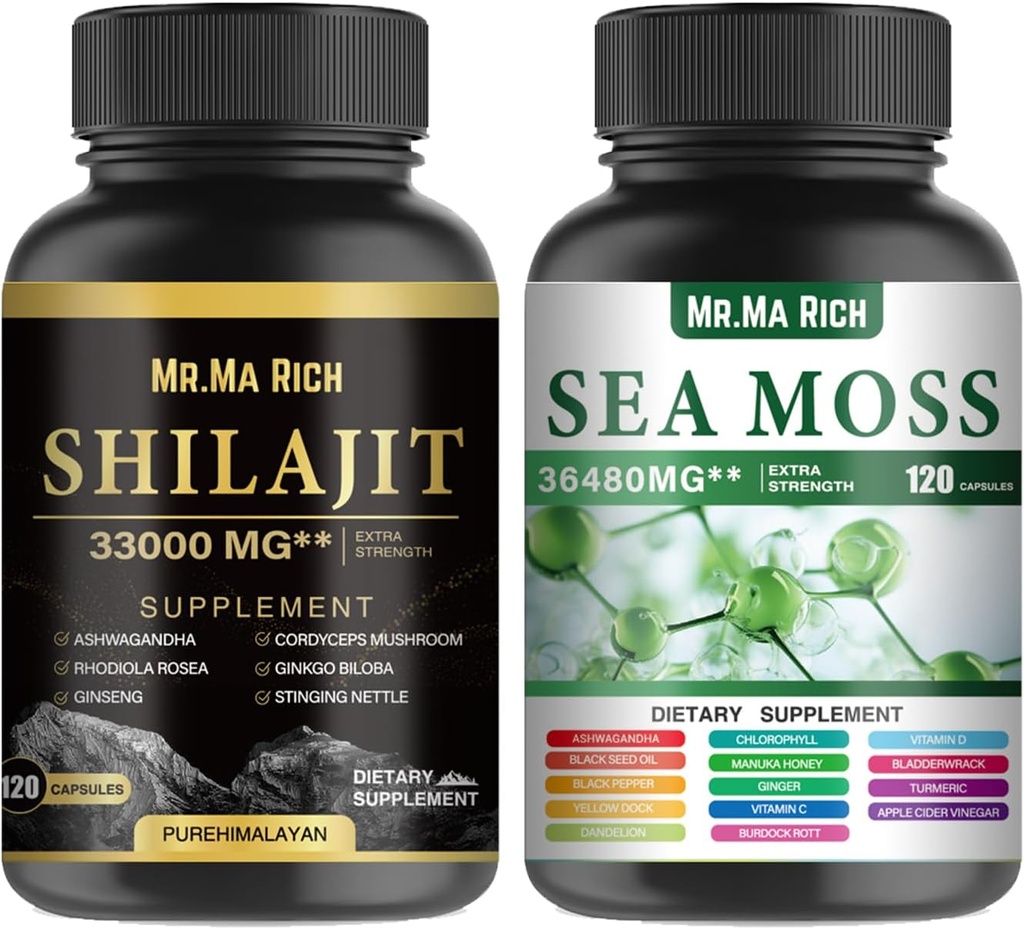 Moss a Shilajit Kapsula Bundle, Ashwagandha Rhodiola Rosea Ginseng Cordyceps Mushrom Ginkgo Biloba Stinging Nettle Magic Moss Blendim Black Seed Turmeric Bladderwrack Burdock Black Pepper