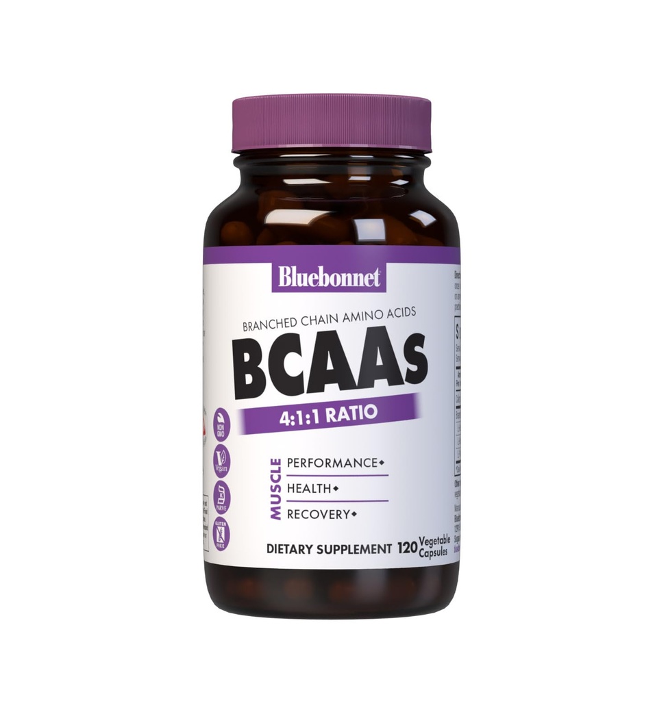 Bluebonnet Nutrition BCAA 4:1:1 Pomer, svalovej výkonnosti*, svalového zdravia*, svalovej opravy*, non-GMO, Vegan, Kosher Certified, Gluten-free, Soy-free, Dairy-free, 120 Rastlinné kapsule, 30 porcií