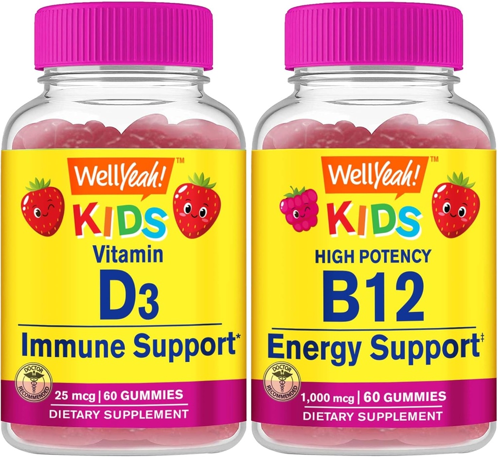 WellYeah Vitamín D3 Deti + vitamín B12 Deti, Gummies Bundle - veľké ochutnávky, vitamínové doplnky, bez lepidla, bez GMO, Žuvacia Gummy