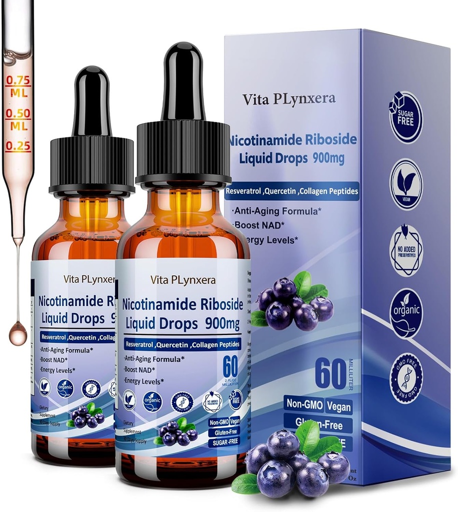 2 balenia NAD doplnky pre ženy a mužov, NAD Nikotínamid Riboside Resveratrol 900 mg & Quercetin, Niacin, kolagén, biotín, kvapalina NAD Plus doplnok NR900 pre anti-aging kožné energie dlhovekosť zameranie