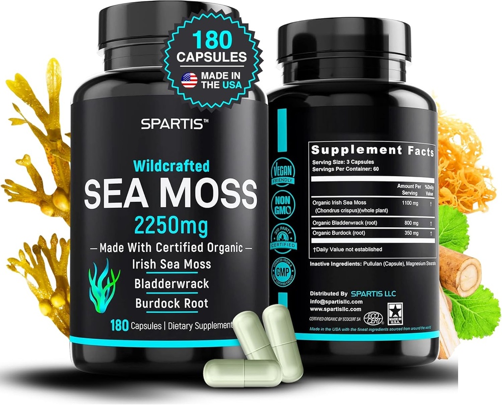Certified Organic Sea Moss Capsules 2250mg Wildcrafted Irish Sea Moss Burdock Root Bladderwrack Supplement Raw Seamoss Pills & Powder (Pack of 1 at 180-Caps)