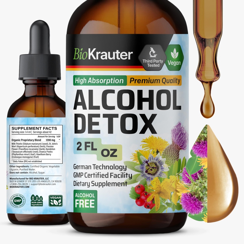 BIO KRAUTER Alkohol Detox Tinktúra - Pečeň Cleanse & Detox Formula - Milk Thitle & Dandelion - Podpora pečene Tekutý extrakt - Alkohol a bez cukru - Vegan kvapky 2 Fl.Oz.