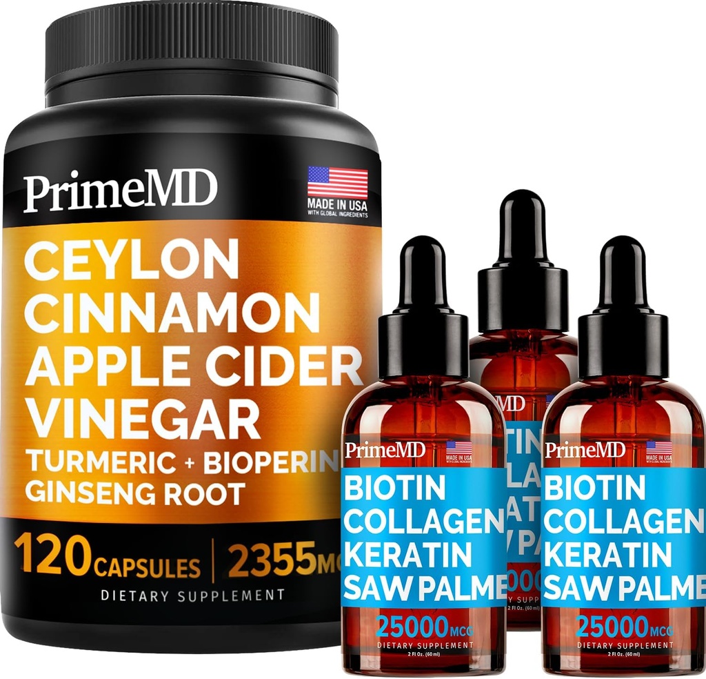 4-in-1 Liquid Biotin Collagen Keratin Saw Palmetto kvapky (2 fl oz - 3 balenia) & 5-in-1 Ceylon škorica w Turmerica & Ginseng Root (120ct) Bundle - vlasy, koža, nechty, & Immune Suplement