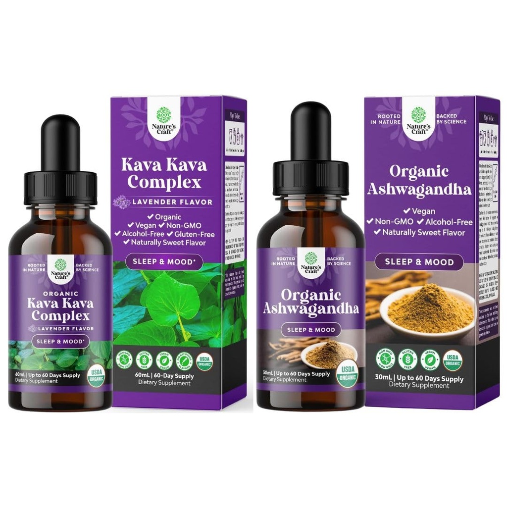Bundle of Potent Liquid Kava Kava Drops Supplement with Kavalaktóns for Better Sleep and USDA Organic Ashwagandha Liquid Drops - Ashwagandha Root Extract for Stress and Mood Support for Adults