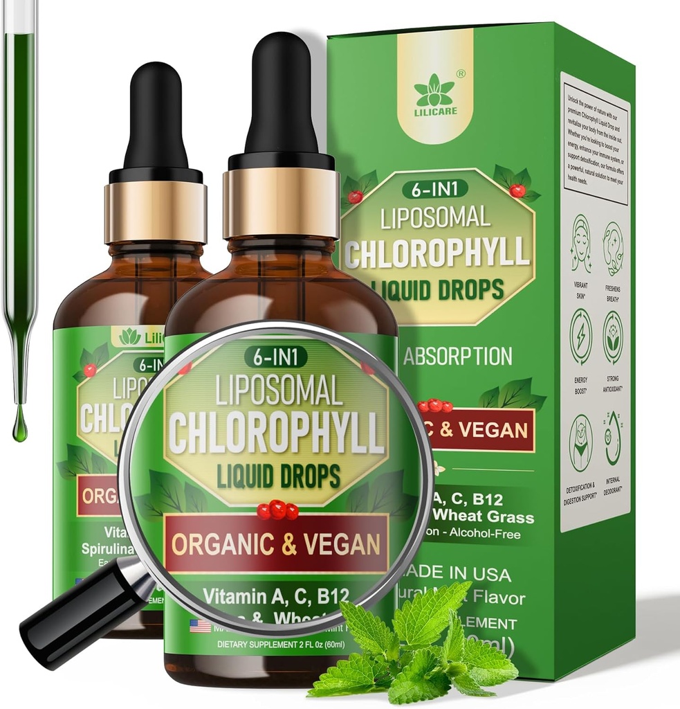 Organické Chlorofyl Tekuté kvapky Lipozomálne pre ženy a mužov, 6-in-1 Zelené Superpotraviny Vegán Chlorofyl w/Spirulina, pšeničná tráva, vitamín C B12 A pre vnútorný dezodorant*, energia,trávenie,2Packs/4 Fl Oz