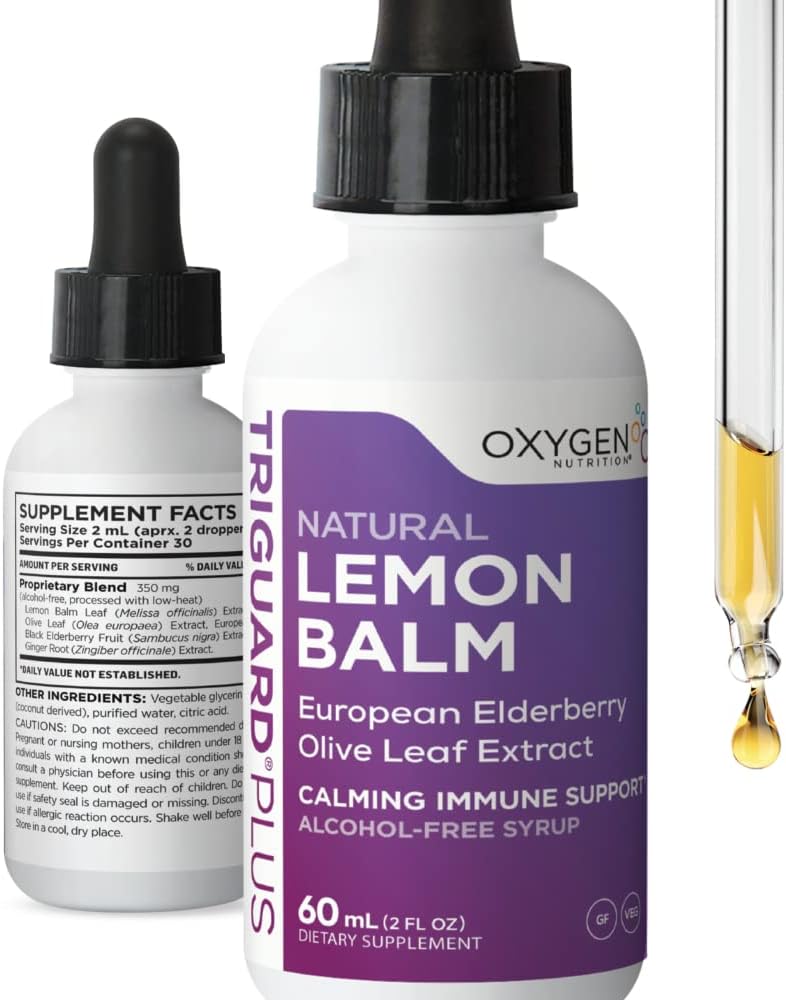 TriGuard Lemon Balm Plus - Citrónový Balm extrakt, bazy, Olive Leaf Extract Tincture 2 fl oz 