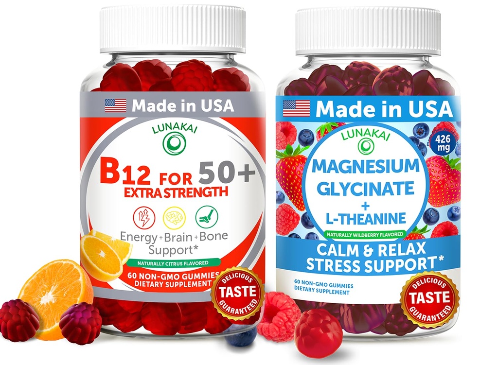 Lunakai USA Vyrobené vitamín B12 pre dospelých 50+ a horčík Glycinate Gummies Bundle, Podpora energie, Mood, Relaxation & Stres Relief, non-GMO, Vegan, 60ct Každý