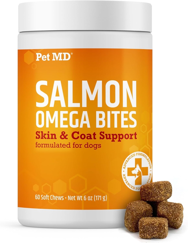 Pet MD Salmon Omega Bites pre psy - Skin and Coat Supplement with Omega 3 & 6 for Dogs Plus DHA & EPA - Podporuje alergiu a suchú pokožku Relief - 60ct
