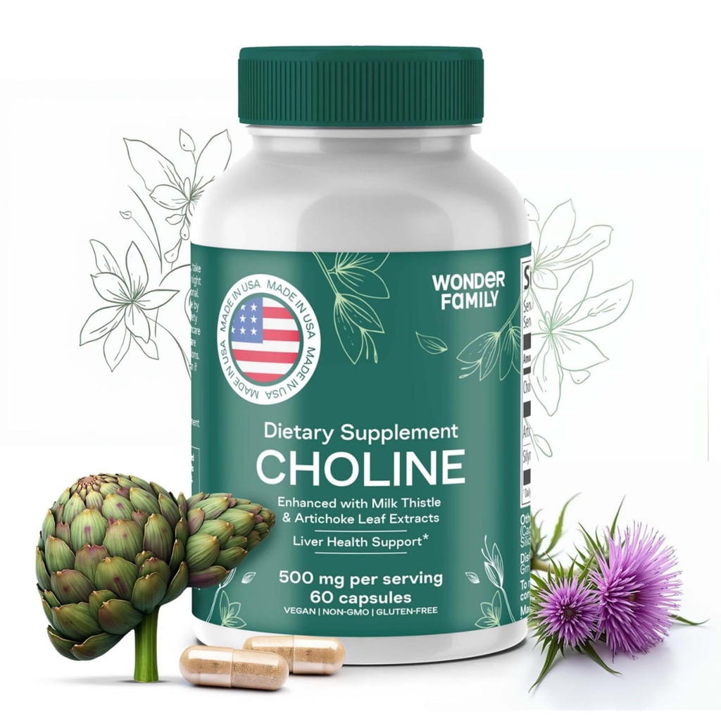 Choline Bitartrate 500MG - Premium Choline Doplnky - Pečeň podporné doplnky a žlčník doplnky - Colina Suplelemento 500 mg Orgánica - Mozog Vitamín pre pamäť a zaostrovanie - 60 Choline Caps
