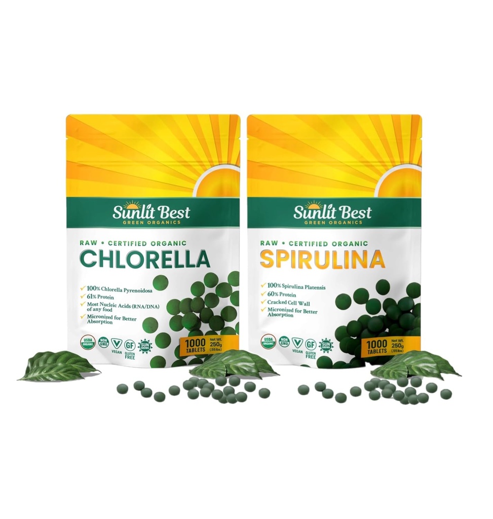 Sunlit Najlepšie Premium Chlorella & Spirulina 1000 Počet tabliet Bundle 