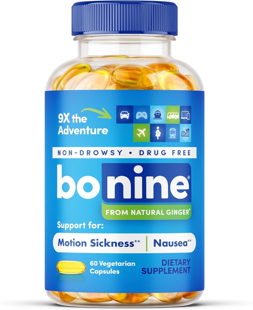 Bonine Ginger Root Extract Tekuté Kapsule - Non-Drowsy Motion Disease Relief - 40 mg Ginger Supplement for Morning Choroba & Nauzea Relief - Cruise Ship Essentials - 60 Kapsule