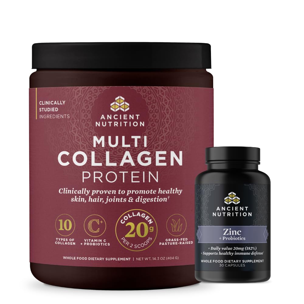 Ancient Nutrition Zinok Kapsule, 30 Počet + Multicolagen Protein Powder, unflaved, 40 Servings