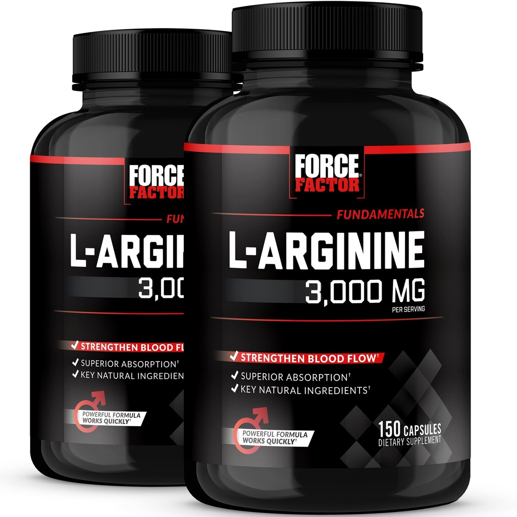Force Factor L-arginín, Nitric Oxide Supplement with BioPerine to Help Build Muscle & Support Silnejší prietok krvi, Circulation, Nutrient Delivery, & Pumps, L-Arginine 3000mg, 150 Count (Stock of 2)