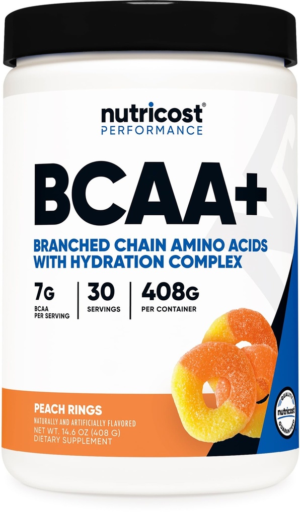 Nutricost BCAA + hydratačný prášok (Peach Rings) 30 Servisné služby - Aminokyseliny s rozvetveným reťazcom s hydratačným komplexom - bez lepidla, bez GMO