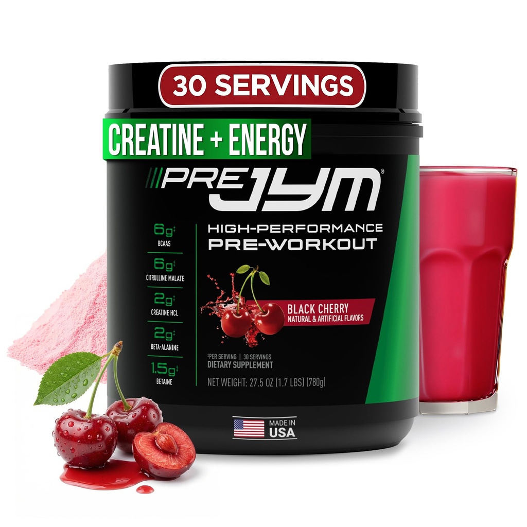 JYM Supplement Science Pre JYM Black Cherry Pre Workout Powder pre mužov a ženy, BCAA, Nootropics, Creatin HCI, Citruline, Beta-Alanine, Betaine, Taurine, Huperzine, 30 Servings