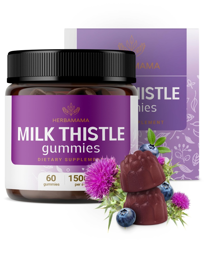 HERBAMAMA Milk Thitle Supplement - 1500mg Milk Thitle Seed Gummies for Liver Cleans - Vegan, Non-GMO Pečeň Podpora s Silybum Marianum - 60 Pectin-Bured Blueberry-Flavored Chews