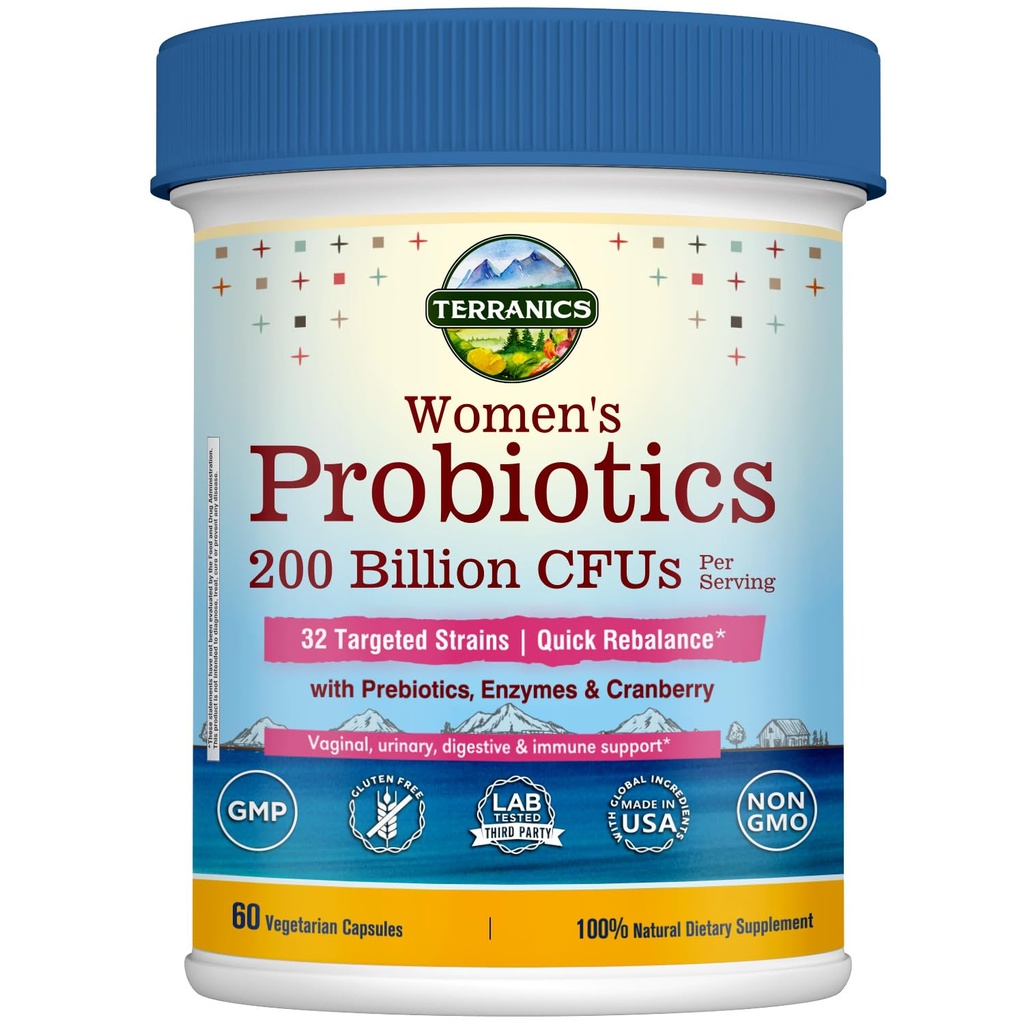 Terranics Daily Probiotiká pre ženy, 200 miliárd 32 Kmene Ženy Probiotiká, s Cranberry, Prebiotiká & Enzymes, Rebalance Vaginal Flora & pH, Oneskorené uvoľnenie, Stabilné police, 60 Vegan Caps