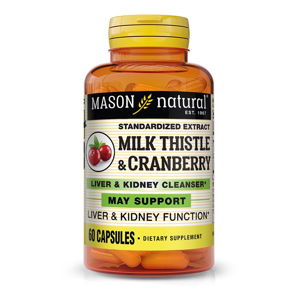 MASON NATURAL Milk Thistle/Cranberry Pečeň & Pečeň Čistič obličiek - podporuje zdravú funkciu pečene a obličiek, Čistenie a detoxikácia, 60 kapsúl
