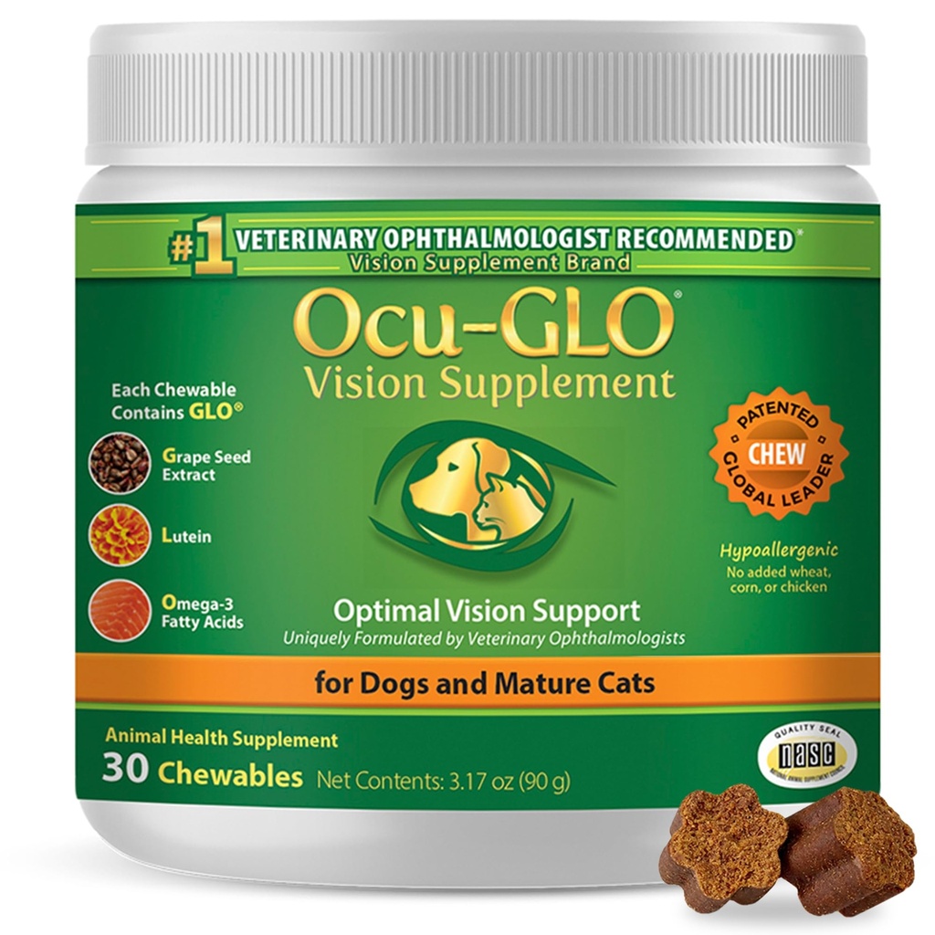 Ocu-GLO Cat & Pes Senior Supplement for Eye Suplements for Chewable Vision Vitamíny Doplnky pre veľké a malé domáce zvieratá starostlivosť o lutein, Omega-3 mastné kyseliny, extrakt z hroznových semien a antioxidanty