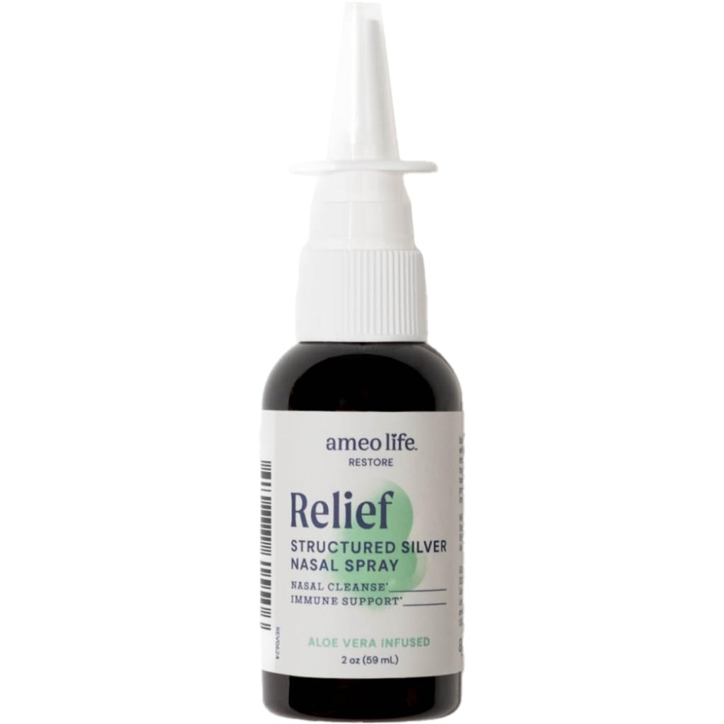 Ameo Life Aloe-Infundovaný Koloidné striebro Nosový sprej 24 PPM - Nosový sprej s prírodnými zložkami pre upokojujúce Relief nosovej kongescie, Sinus kongestion, Muscus, & Irritation - pre denné použitie (2 oz)