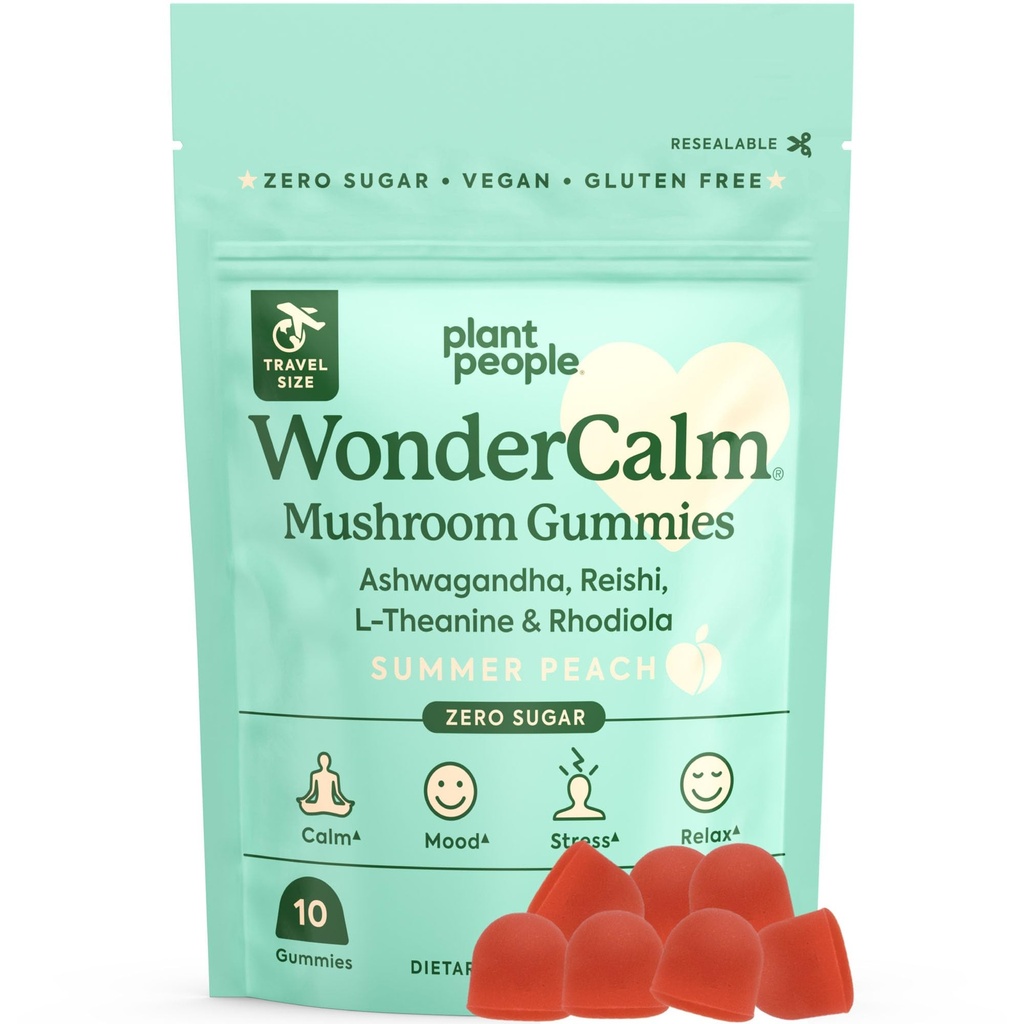 Plant People WonderCalm Huby Gummy - Prírodné Ashwagandha doplnok k upokojiť stres a zvýšiť náladu pre dospelých bez cukru, lepidla alebo umelých farieb, Vegan-Priateľsky, Peach chuť (Štúdium)