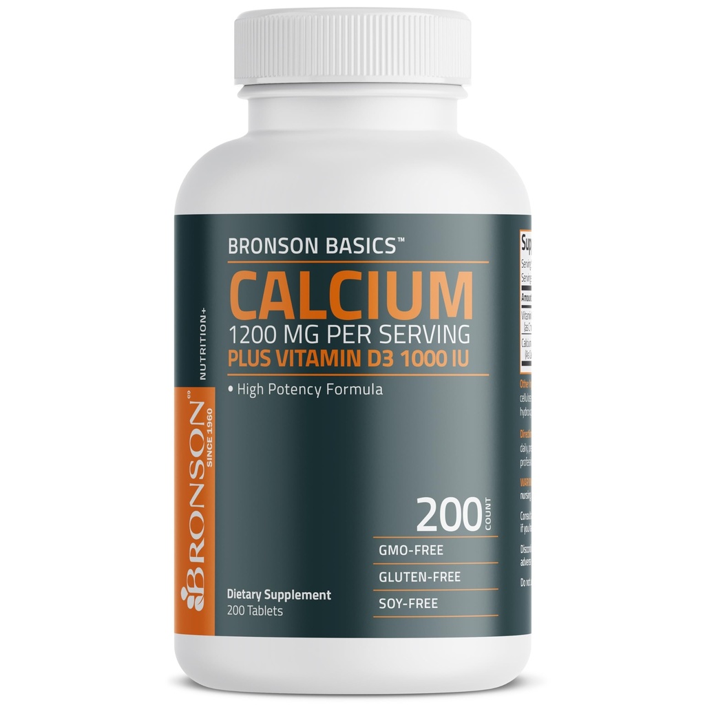 Bronson Calcium 1200mg per Serving Plus Vitamín D3 1000 IU High Potency Formula, non-GMO, 200 tabliet