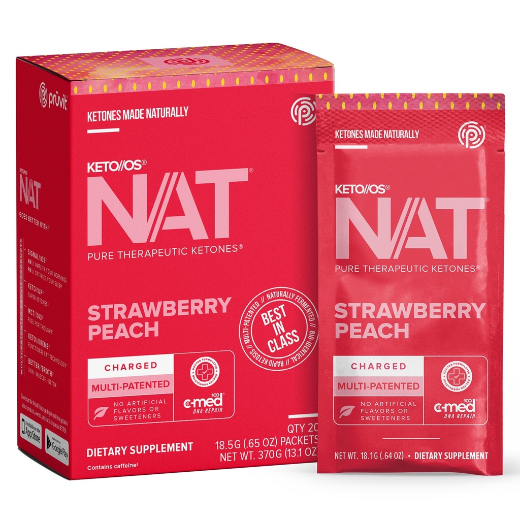 Pruvit - Keto/OS NAT - Jahodová broskyňa nabitá nápojom Mix s C-Med 100, L-Taurín, vitamíny B6 a B12, Ketónový doplnok - 18.5g