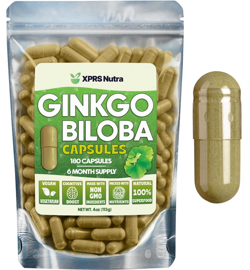 XPRS Nutra Ginkgo Biloba Kapsule - Gingko Biloba Doplnky pre Cognition - Vegan Friendly Ginkoba Biloba - Imunita Boosting Ginkgo Biloba Kapsule - 180 Počet