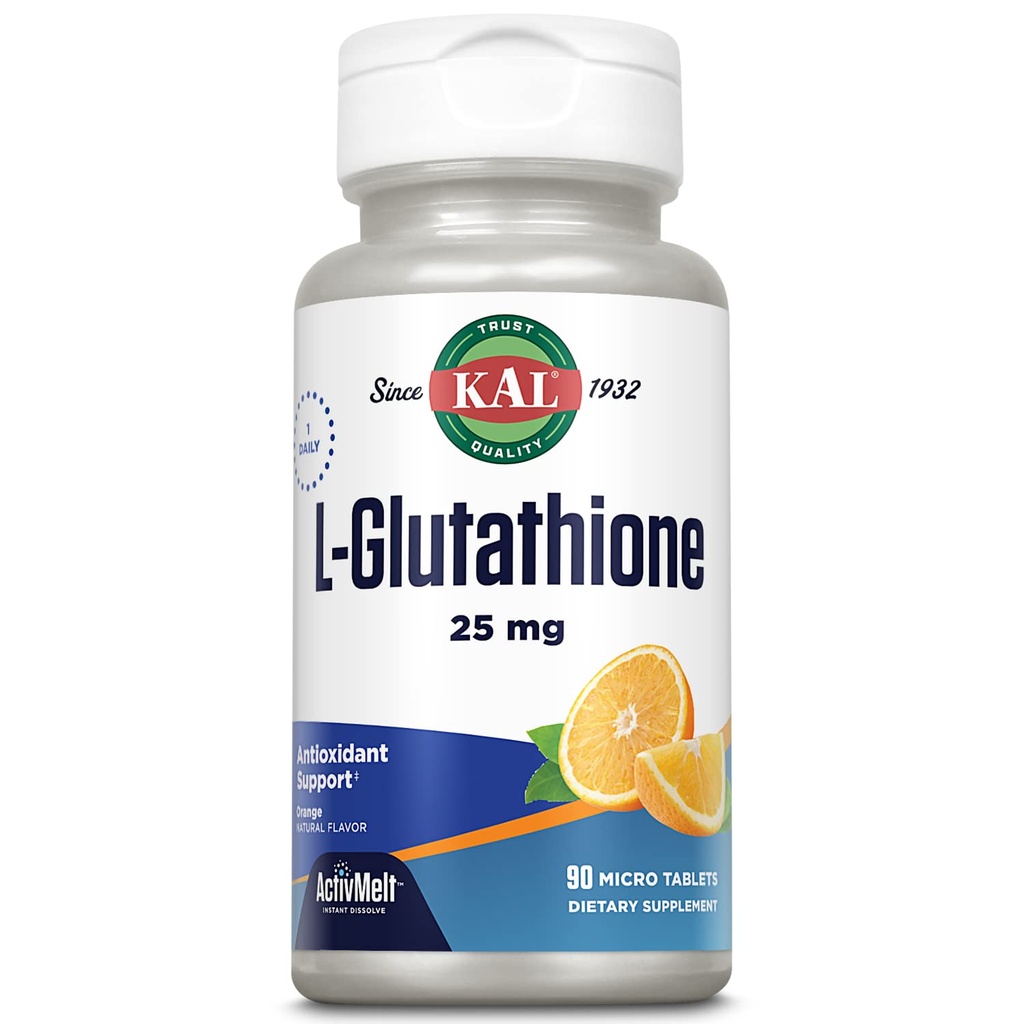 KAL L-Glutatione, Redukované Glutatiónové doplnky, Antioxidant s vysokou absorpciou, Orange Flavor Instant Rozpustiť ActivMelt, Vegetarián, Lab Overified, 90 Servings, 90 Micro Tablets