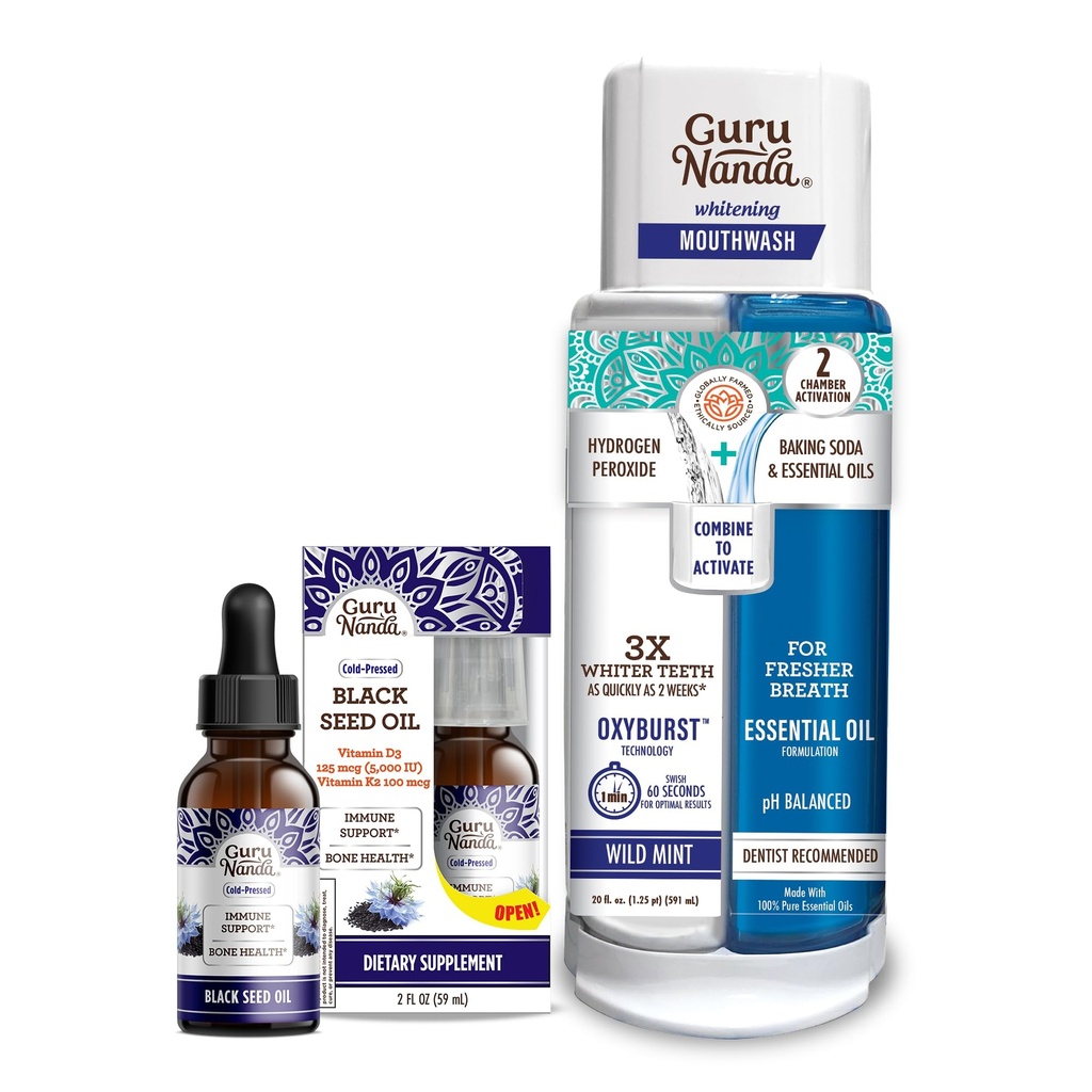 GuruNanda Black Seed Oil, za studena pretlačený Nigella Sativa - bohatý na vitamín D3 5000 jednotiek, K2 & E & Dual Barrel Oxyburst Whitening Mouthwash - obsahuje peroxid vodíka