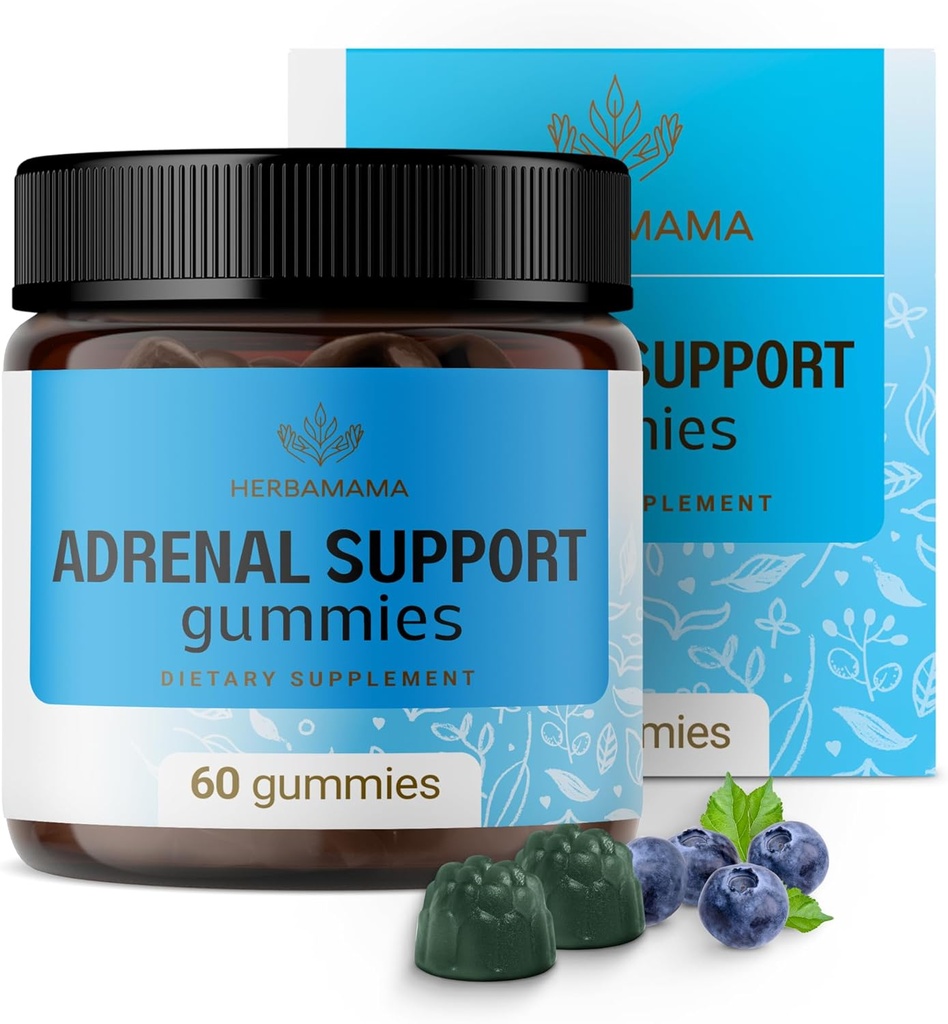 HERBAMA Adrenal Support Gummies - Pure Adrenal Complex Supplement for Women with Ashwagandha Root, Rhodiola Rosea & Magnézium - Vegan, Non-GMO - 60 Pectin-Blueberry-Flavoured Chews
