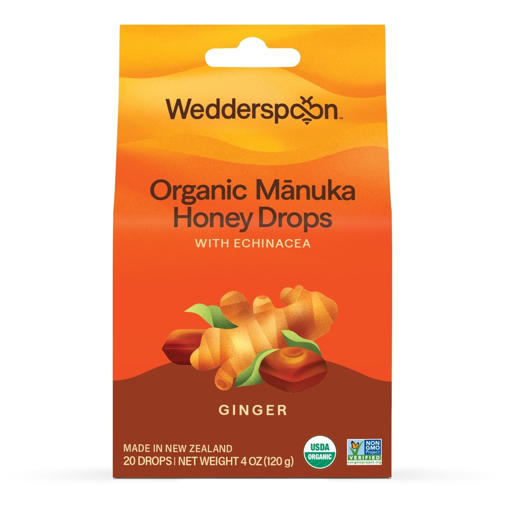Svadobná lyžica Organické Manuka Med kvapky, Ginger & Echinacea, 20 Počet (Stock of 1) 