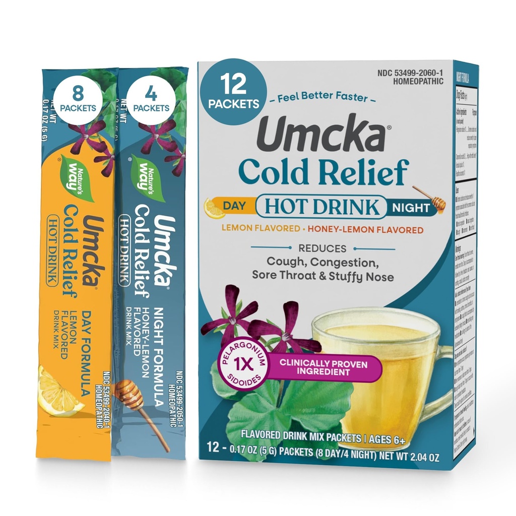 Spôsob, akým príroda studená úľava horúci nápoj, Umcka, Homeopatické, klinicky proven Pelargonium Sidoides 1X, pre kašeľ, kongescia, Sore Throat, rušný nos, deň a noc vzorec, 12 pakety (Backaging May Vary)