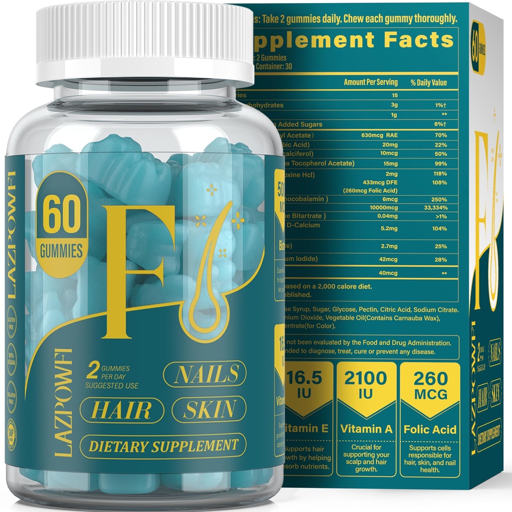 Biotín Gummies - Hair kože a nechtov Vitamíny pre mužov a ženy, Vegánsky vitamín B7, podporuje rast vlasov a silnejšie nechty, 30 Day Supply - Blueberry-60 Counts