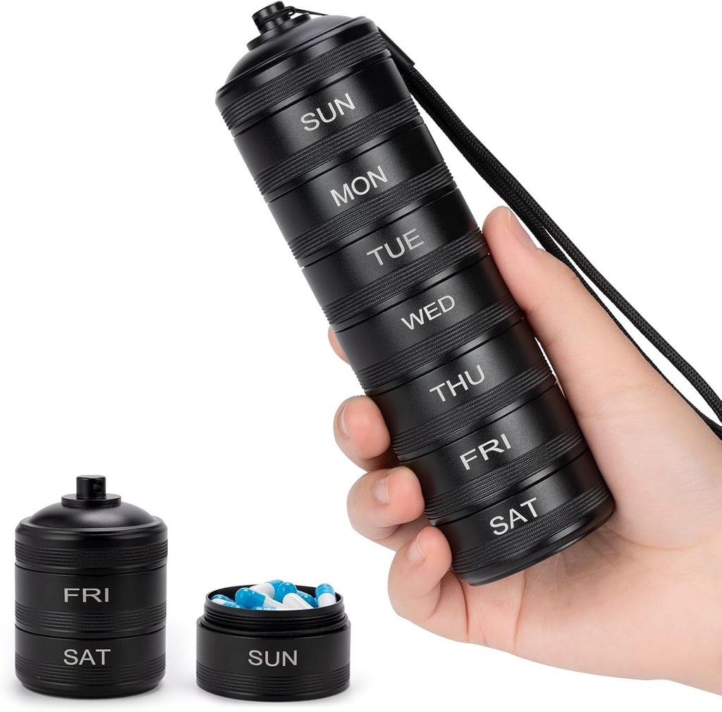 Usporiadateľ pilulky Travel Pill Travel Weekly Box Nepremokavé - 7 dní Veľké hliníkové zliatiny Pill Container, Prenosné denné pilulky Prípad pre vitamín, Medicína, Supplement, Rybí olej