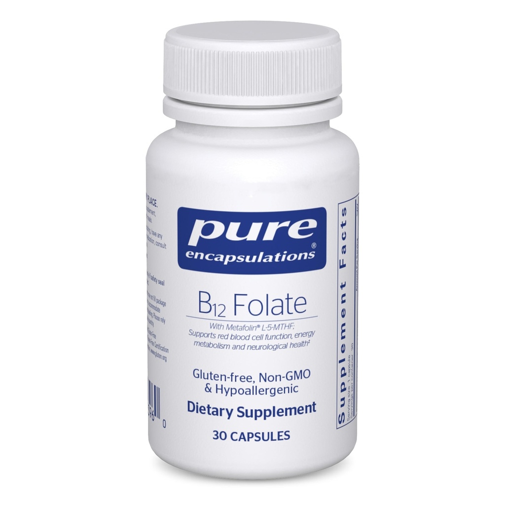 Pure Encapsulations B12 Folát - Energetický doplnok na podporu Nervy, Energetický metabolizmus a kognitívna podpora* - s vitamínom B folát ako Metafolín - 30 kapsúl