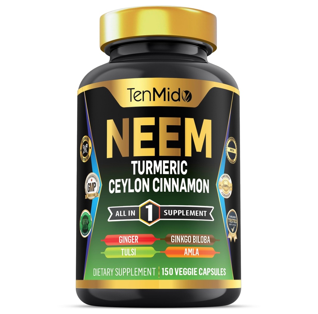 Neem Leaf Supplement - 8in1 Formula - Kombinovať s Turmeric, Ceylon škorica, Ginger, Tulsi, Ginkgo Biloba, Amla, a Black Pepper - Immune Health Support - 150 Vegan Kapsule