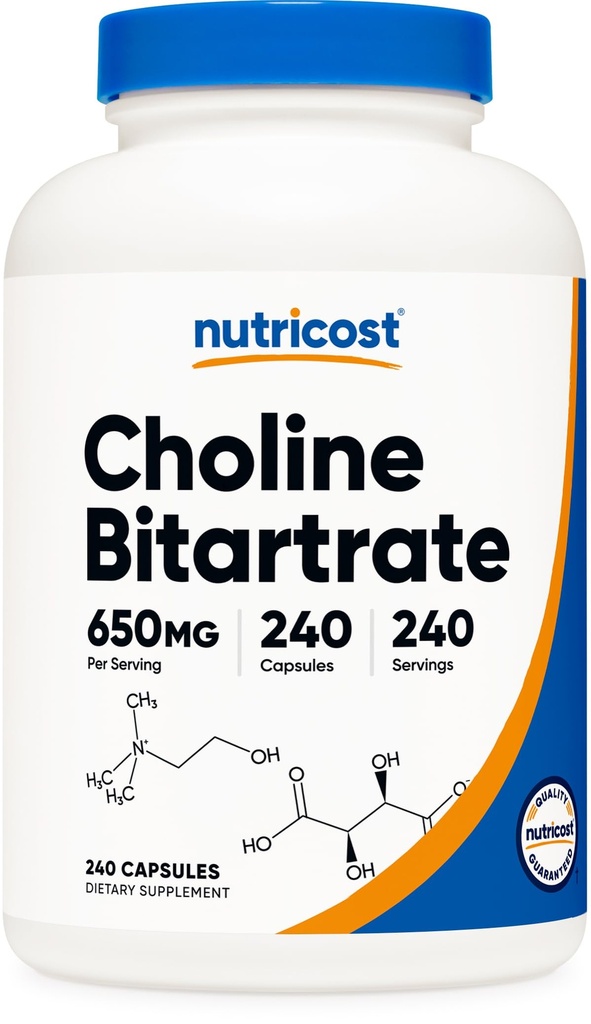Nutricost Choline Bitartrate 650mg, 240 Vegetariánske kapsule - non-GMO, Vegetariánska priateľská, Gluten Free