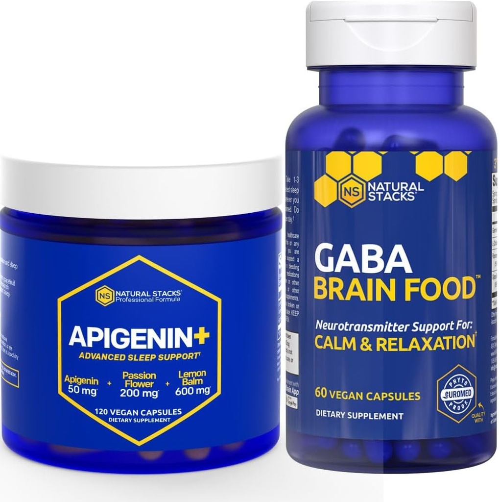 PRÍRODNÉ STACKS GABA Brain Food + Apigenin Supplement for Sleep Bundle - Podpora Relaxácie a spánku* - 180 Celkom Kapsule