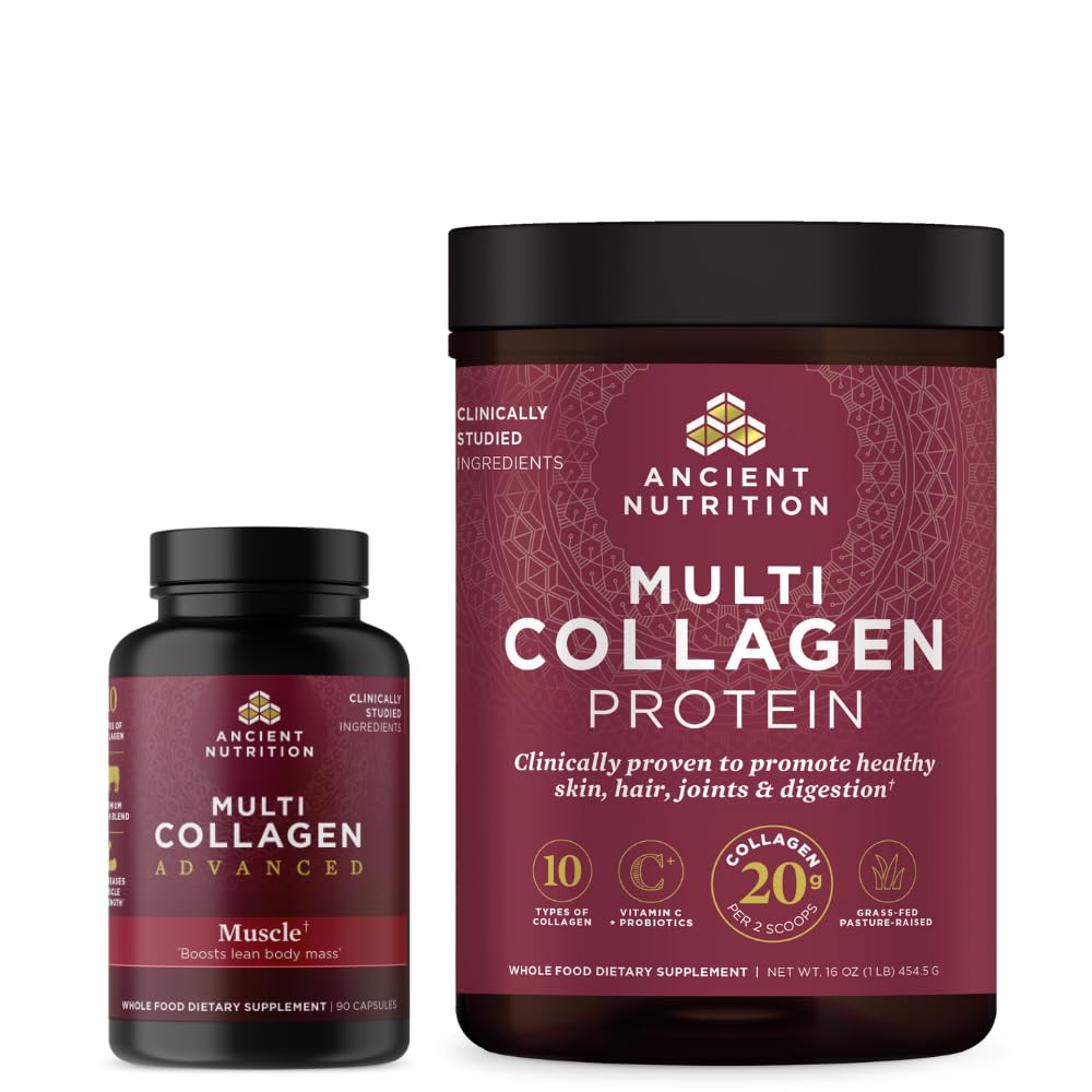 Ancient Nutrition Multi Collagen Advanced Kapsule, svalovina, 90 Počet + Multi kolagén Protein Powder, unflaved, 45 Servings