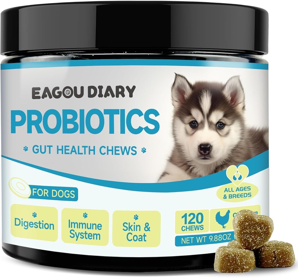 Eagou Diary Probiotiká pre psy - Psie probiotiká pre tráviace zdravie, Gut zdravotné doplnky s prebiotikami, Kozie mlieko, Omega 3, Vitamíny, Žuvačky pre psov hnačka, Žalúdok, Relief plynu - 120 Ct