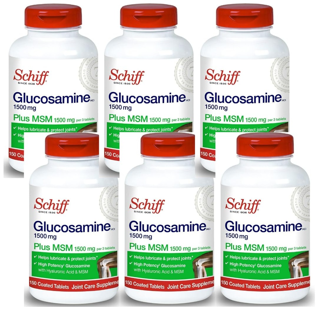 Schiff Glucosamine 1500mg Plus MSM a kyselina hyalurónová, 150 tabliet - Joint Supplement (Pack of 6)