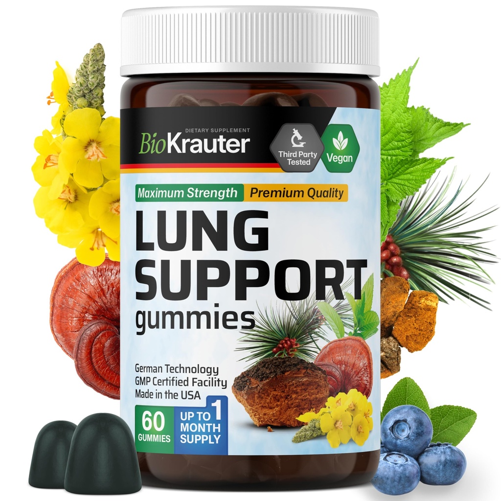 BIO KRAUTER Lung Detox Gummies - 60 Vegan Chews - Lung Cleanse Supplement w/vitamín C & Mullein Leaf Blend - Podpora dýchania