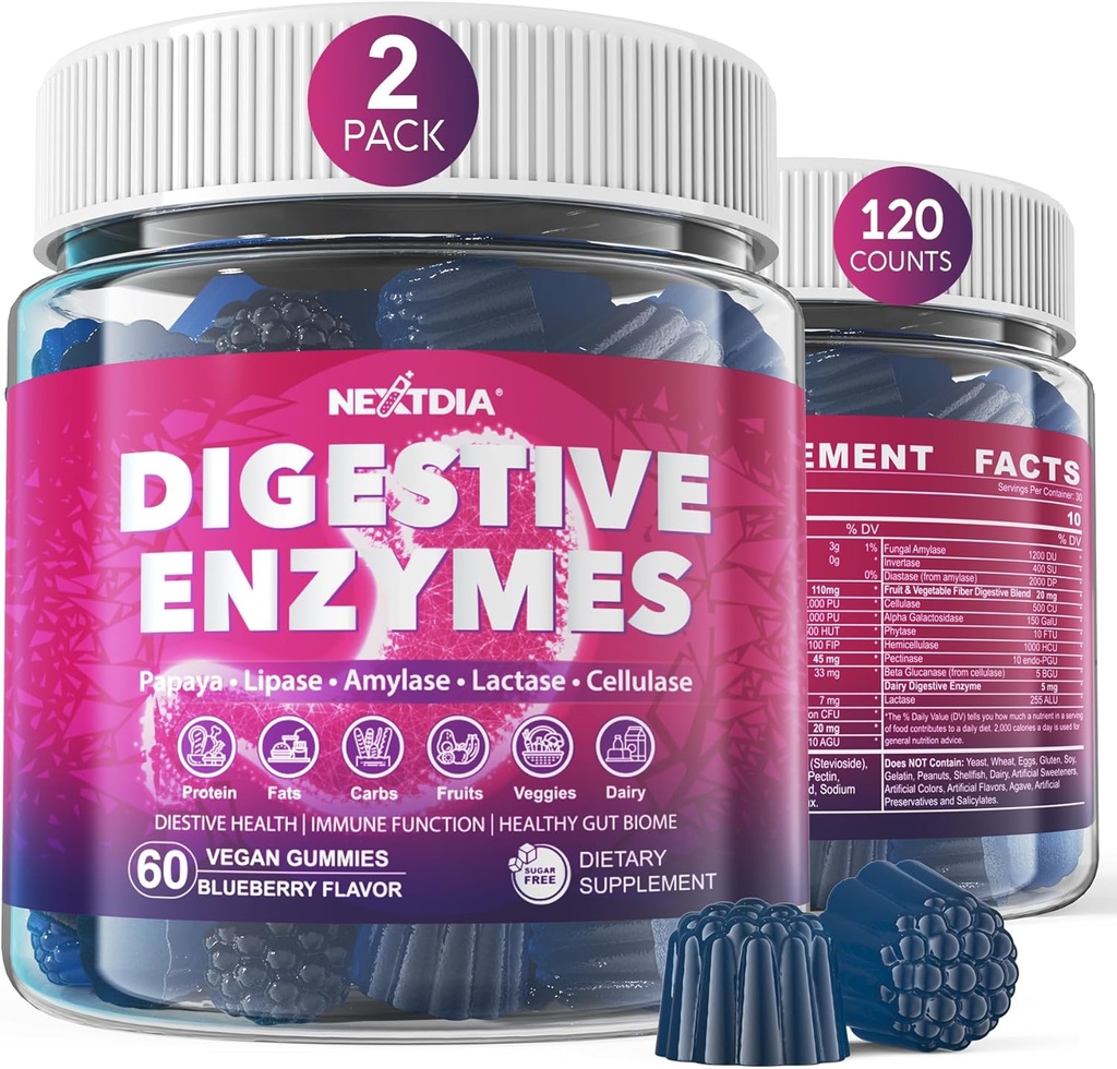 Tráviace enzýmy pre ženy a mužov Gummies w/ Probiotiká, papája, hypromelaín, zázvor - úľava od štipľavého a chutného zdravia Digest Proteins Dairy Carbs Veggies Tuky, cukor bez vegánu, 120Cts