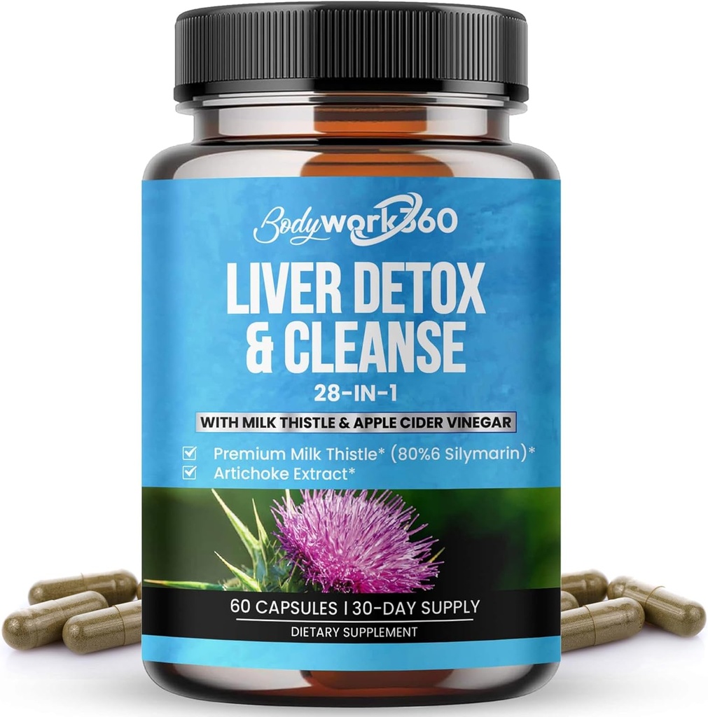 Pečeň Detox & Cleanse - 28-in-1 Pečeň Oprava a podpora Supplement for Men & Ženy s mliečnym bodliak, Jablkový Cider Ocogar, Púpava Root Extract & Artičoke Extract - Non-GMO, 60 Kapsule